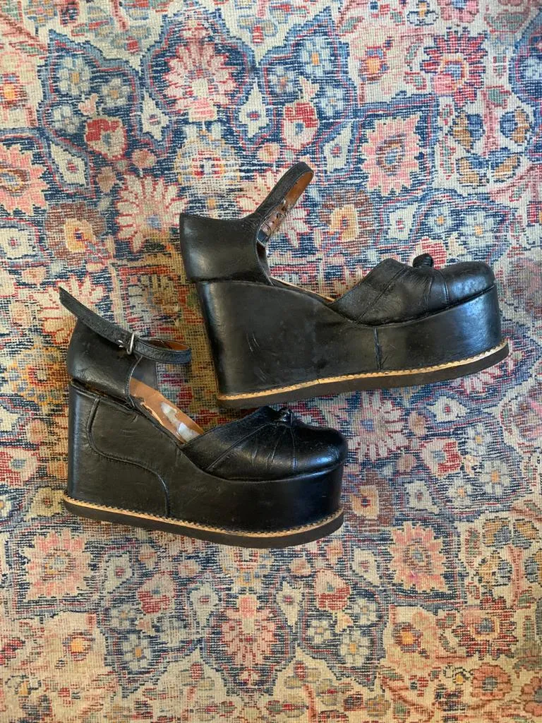 1970s Black Leather Platform Shoes