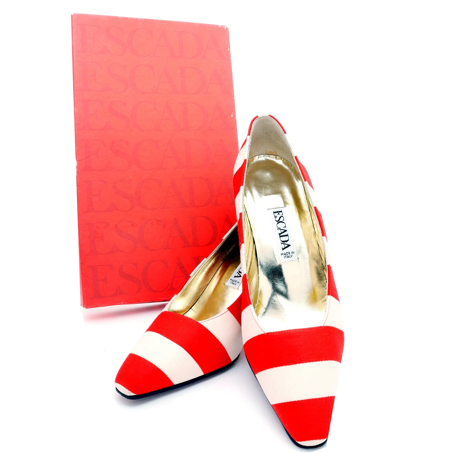 1980s Escada Vintage Red & White Striped Shoes w Black Heels