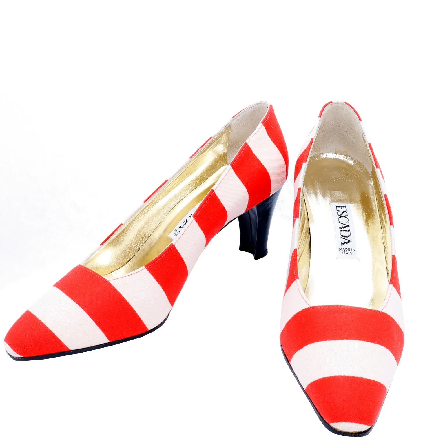 1980s Escada Vintage Red & White Striped Shoes w Black Heels