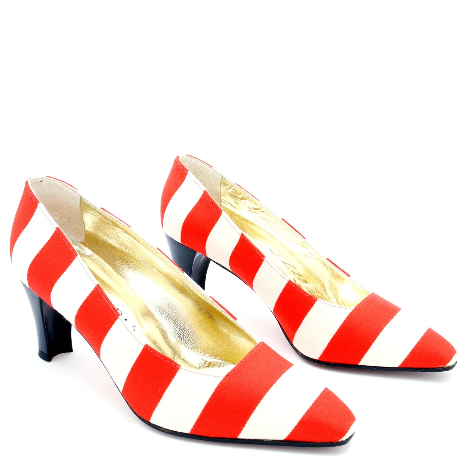 1980s Escada Vintage Red & White Striped Shoes w Black Heels