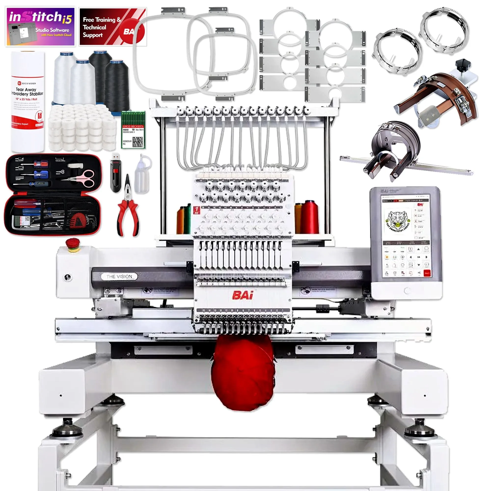 BAi VISION 15 Needle Commercial Embroidery Machine with Deluxe Bundle