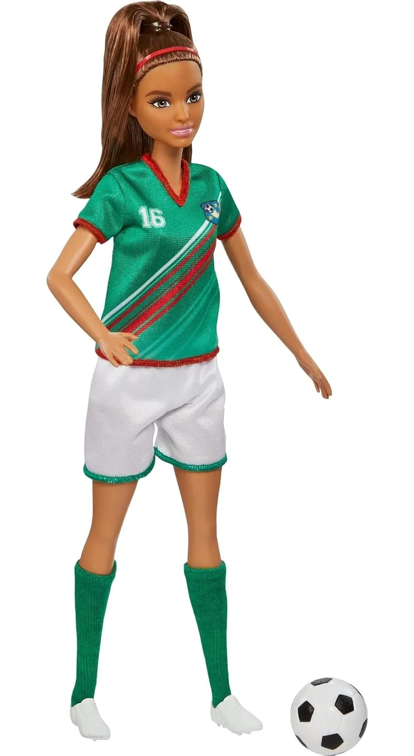 Barbie Soccer Doll, Brunette Ponytail, Colorful 16 Uniform, Soccer Ball, Cleats, Tall Socks, Great Sports for Ages 3 