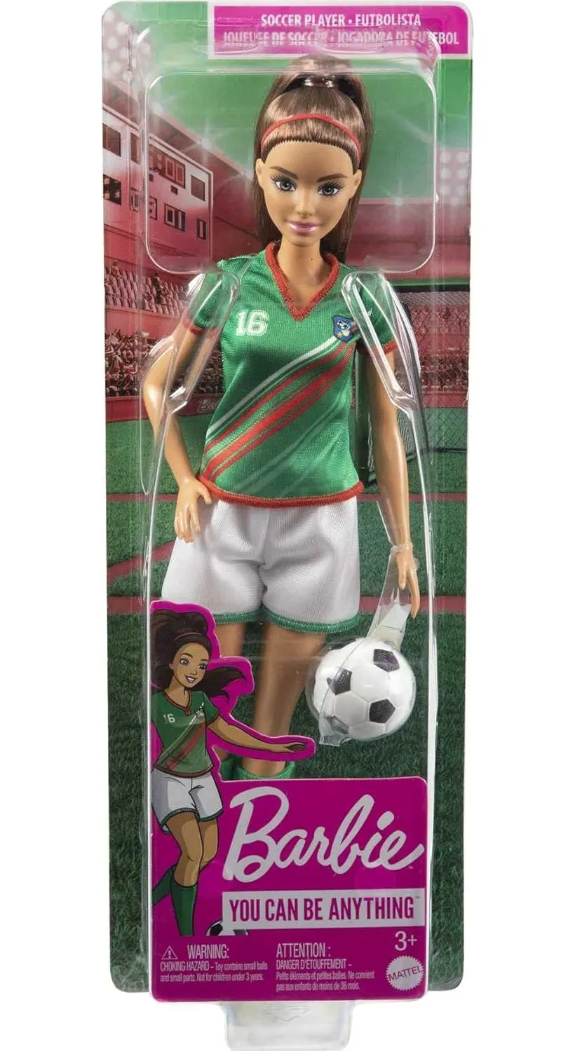 Barbie Soccer Doll, Brunette Ponytail, Colorful 16 Uniform, Soccer Ball, Cleats, Tall Socks, Great Sports for Ages 3 