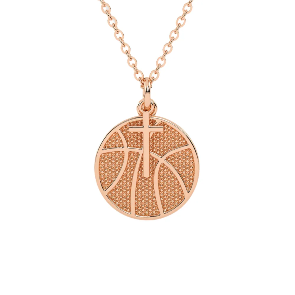 Basketball Necklace w/ Dangle Cross Pendant | Gold