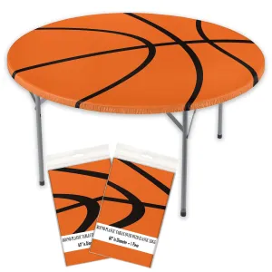 Basketball Party Round Plastic Table Cover With Elastic, Fits Up To 60 Inch Diameter