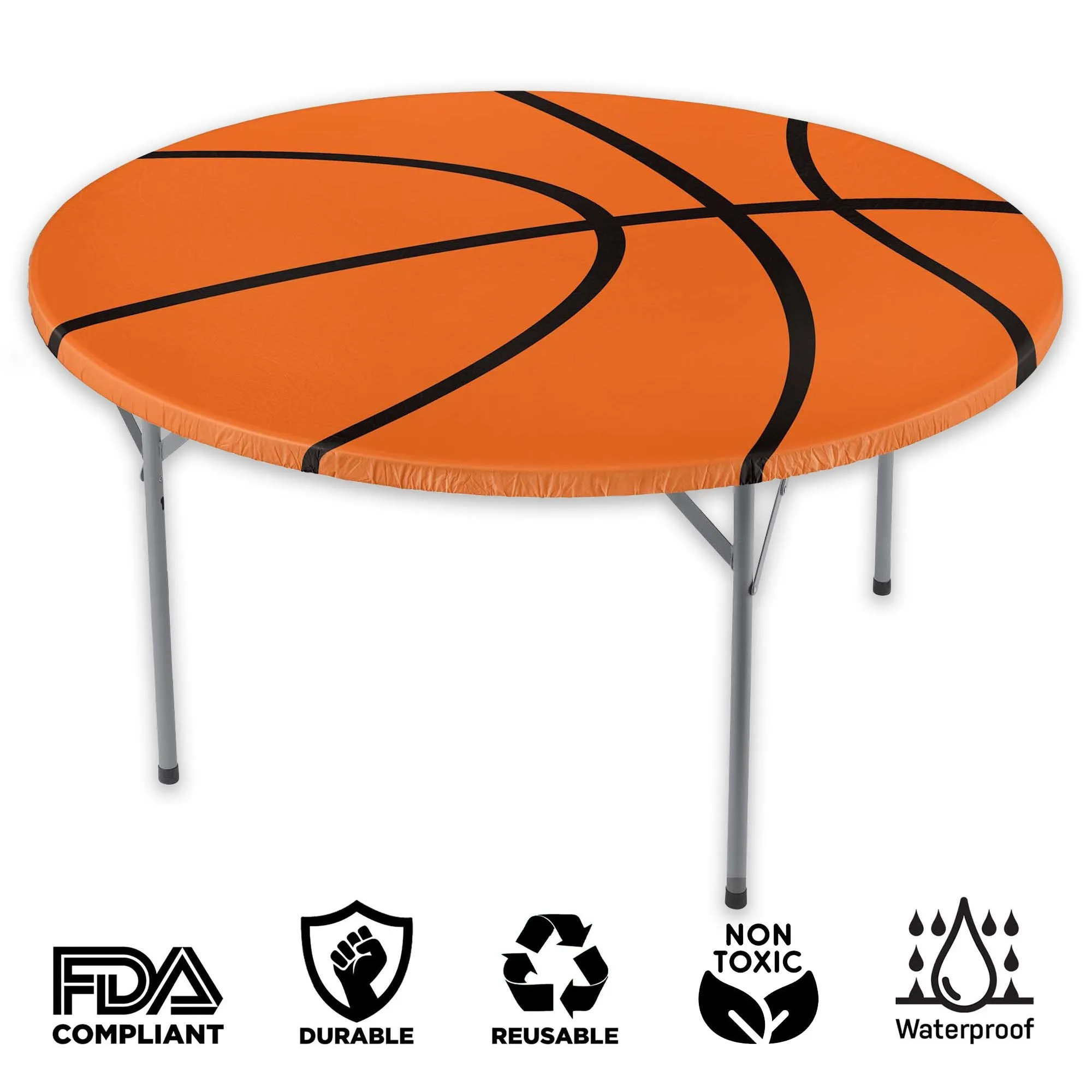 Basketball Party Round Plastic Table Cover With Elastic, Fits Up To 60 Inch Diameter