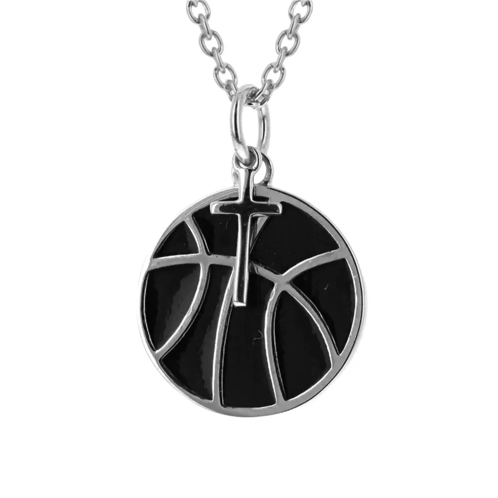 Black Basketball Necklace w/ Dangle Cross | Sterling Silver