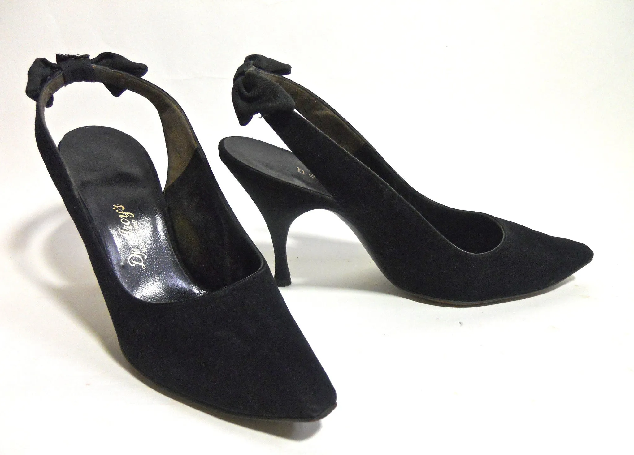 Black Suede Stiletto Heel Slingback Shoes with Bows circa 1960s by Herbert Levine