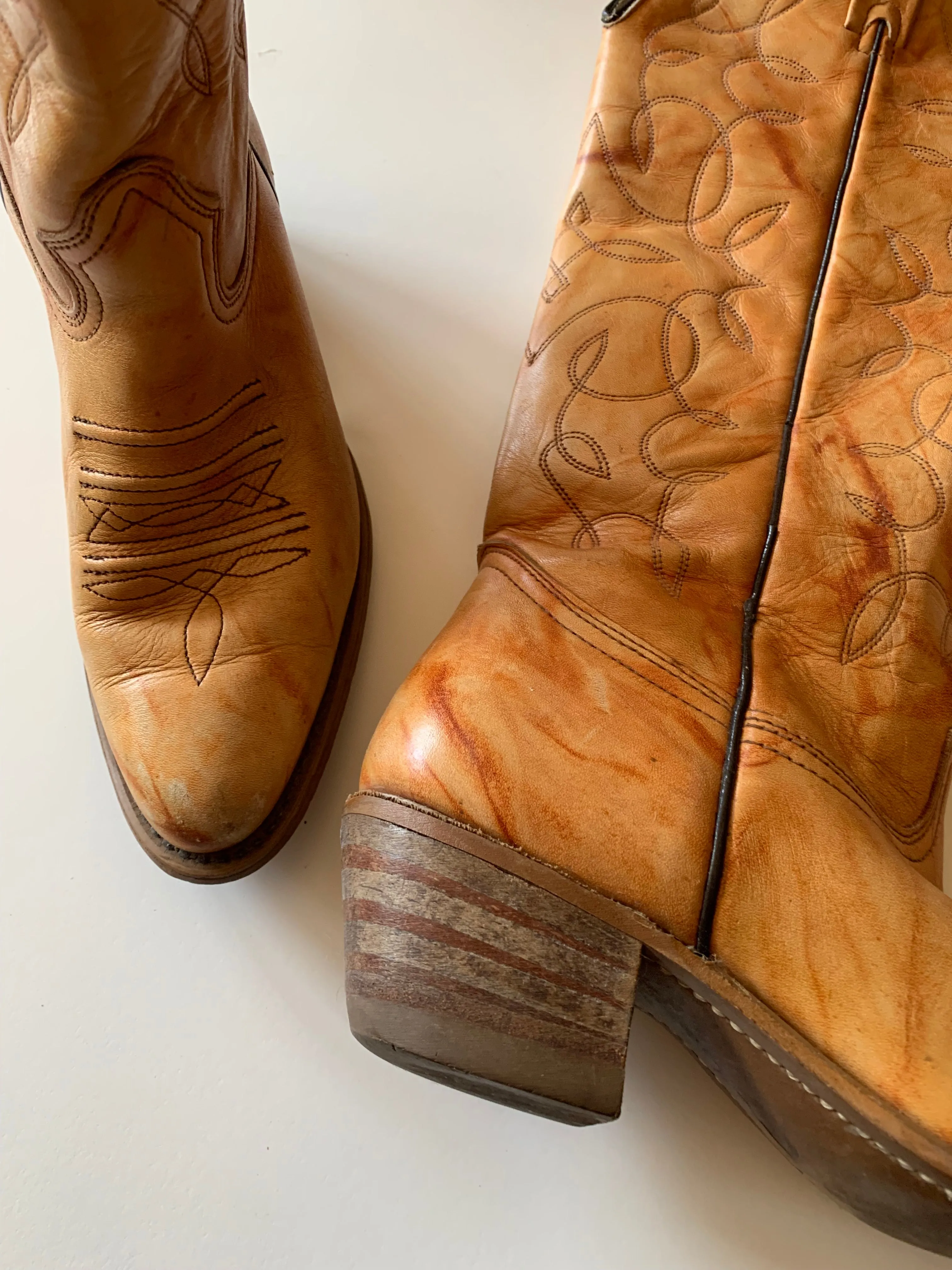 Cognac and Curry Rubbed Leather Western Boots circa 1970s