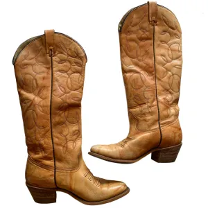 Cognac and Curry Rubbed Leather Western Boots circa 1970s