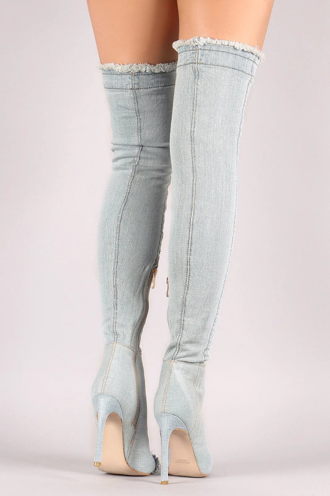 Distressed Denim Stiletto Over-The-Knee Boots