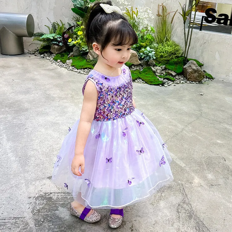 DUNNMALL  New Summer Girls' Dress Sleeveless Super Fairy Vest Dress Colorful Butterfly Yarn Sequined Princess Dress Performance