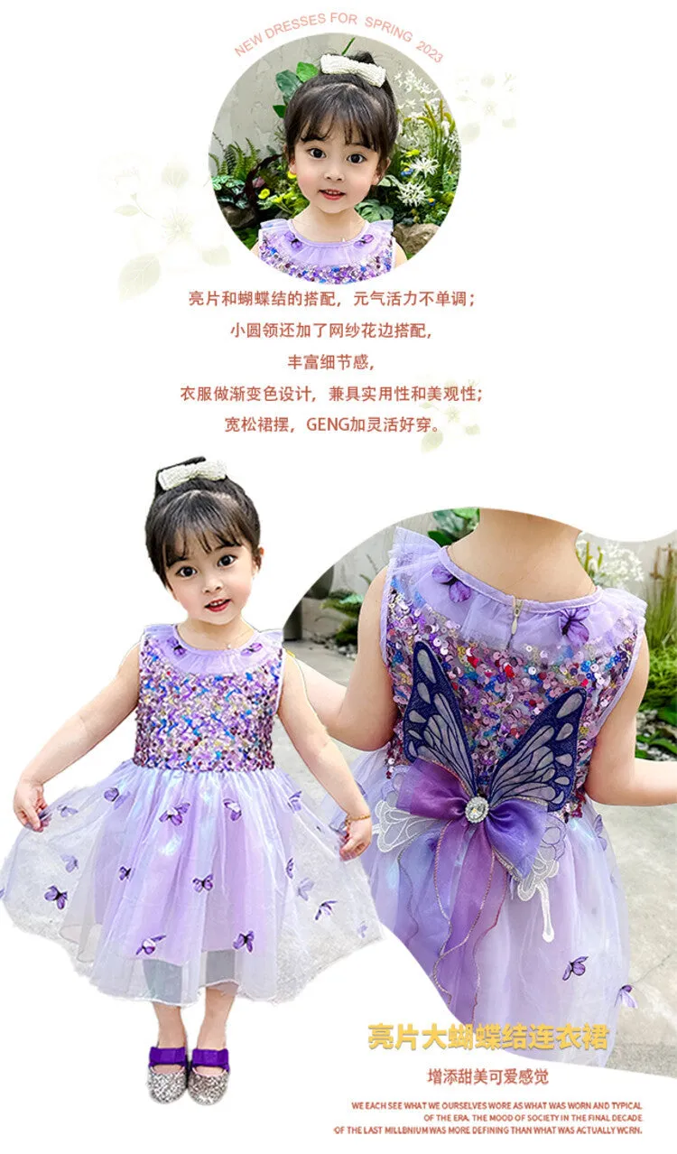 DUNNMALL  New Summer Girls' Dress Sleeveless Super Fairy Vest Dress Colorful Butterfly Yarn Sequined Princess Dress Performance