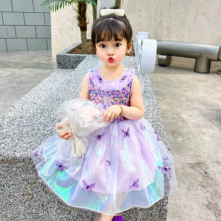 DUNNMALL  New Summer Girls' Dress Sleeveless Super Fairy Vest Dress Colorful Butterfly Yarn Sequined Princess Dress Performance