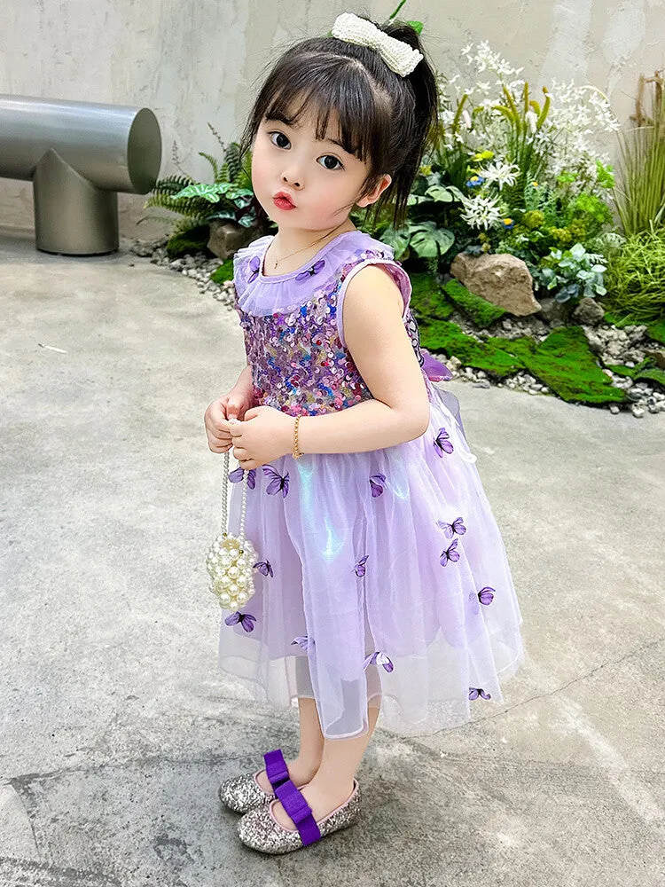 DUNNMALL  New Summer Girls' Dress Sleeveless Super Fairy Vest Dress Colorful Butterfly Yarn Sequined Princess Dress Performance