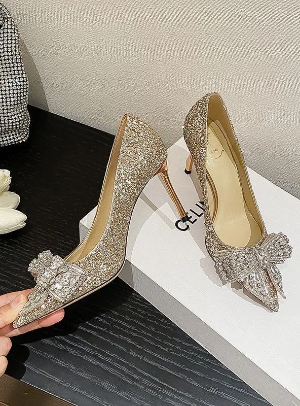 Golden Rhinestone Bow Crystal High-heeled Shoes