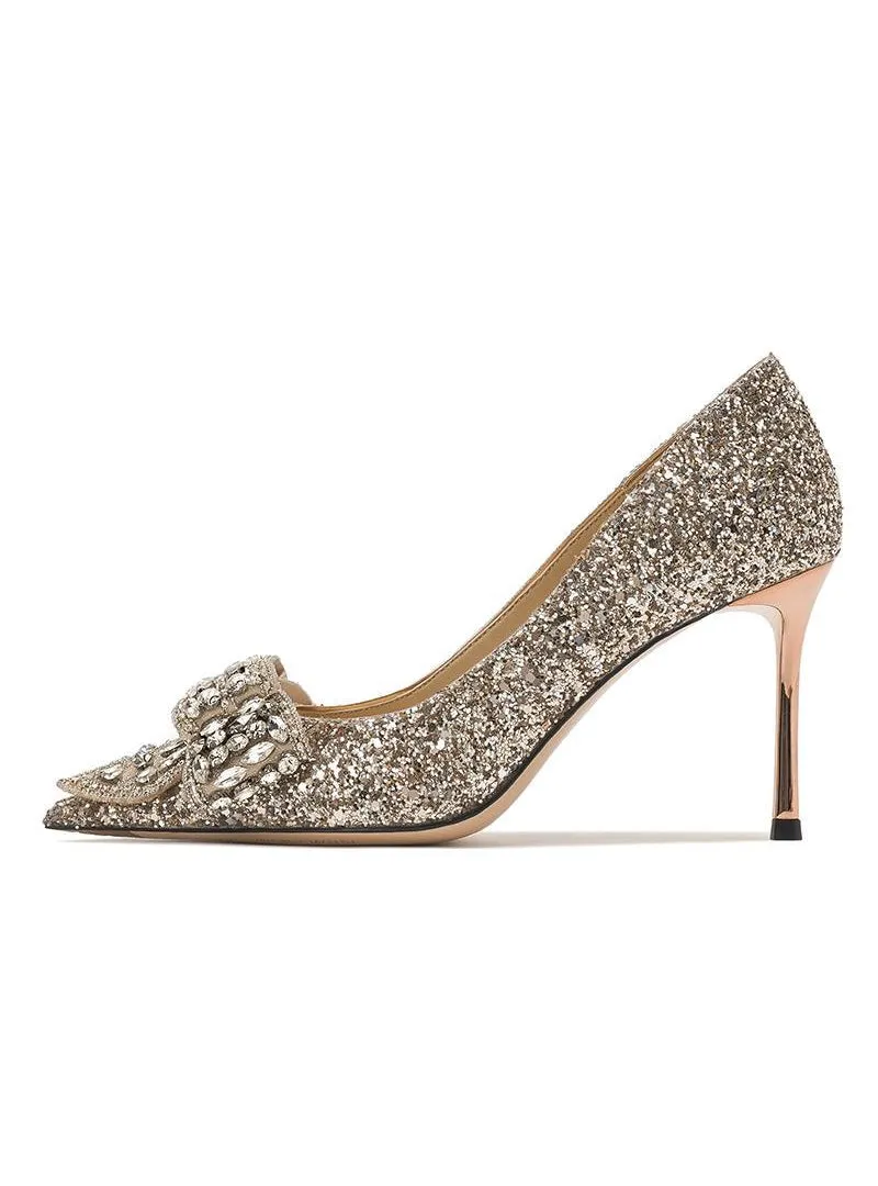 Golden Rhinestone Bow Crystal High-heeled Shoes