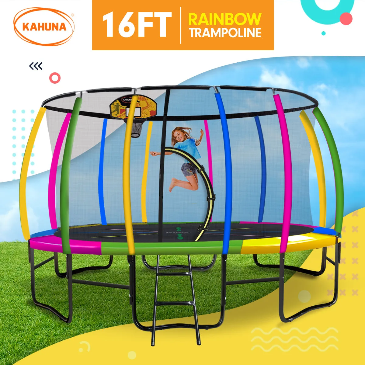 Kahuna 16ft Trampoline with Safety Net, Ladder & Basketball Set