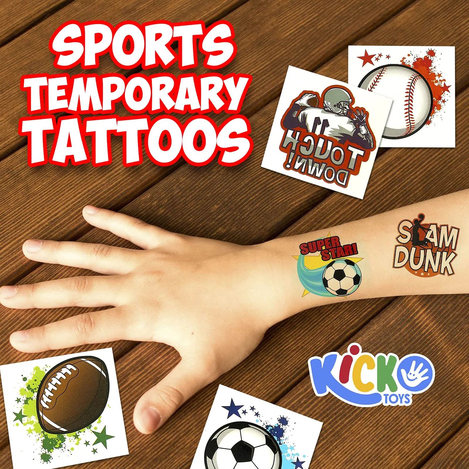 Kicko Sports Temporary Tattoos - 144 Pack, 2 Inch Sporty Celebration Washable Tattoos