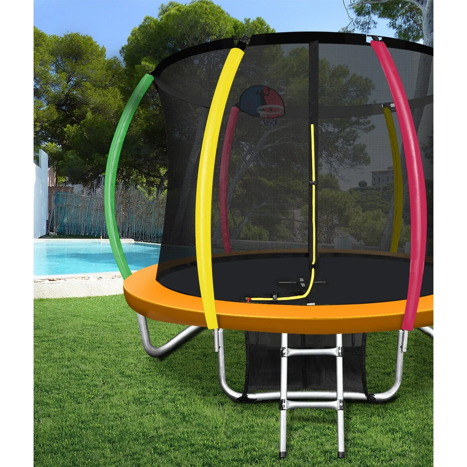 Mazam 12FT Rainbow Trampoline Spring Trampolines w/ Basketball Hoop Outdoor Toys