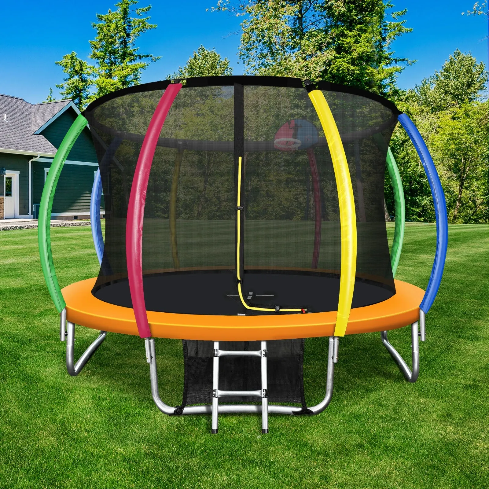 Mazam 12FT Rainbow Trampoline Spring Trampolines w/ Basketball Hoop Outdoor Toys