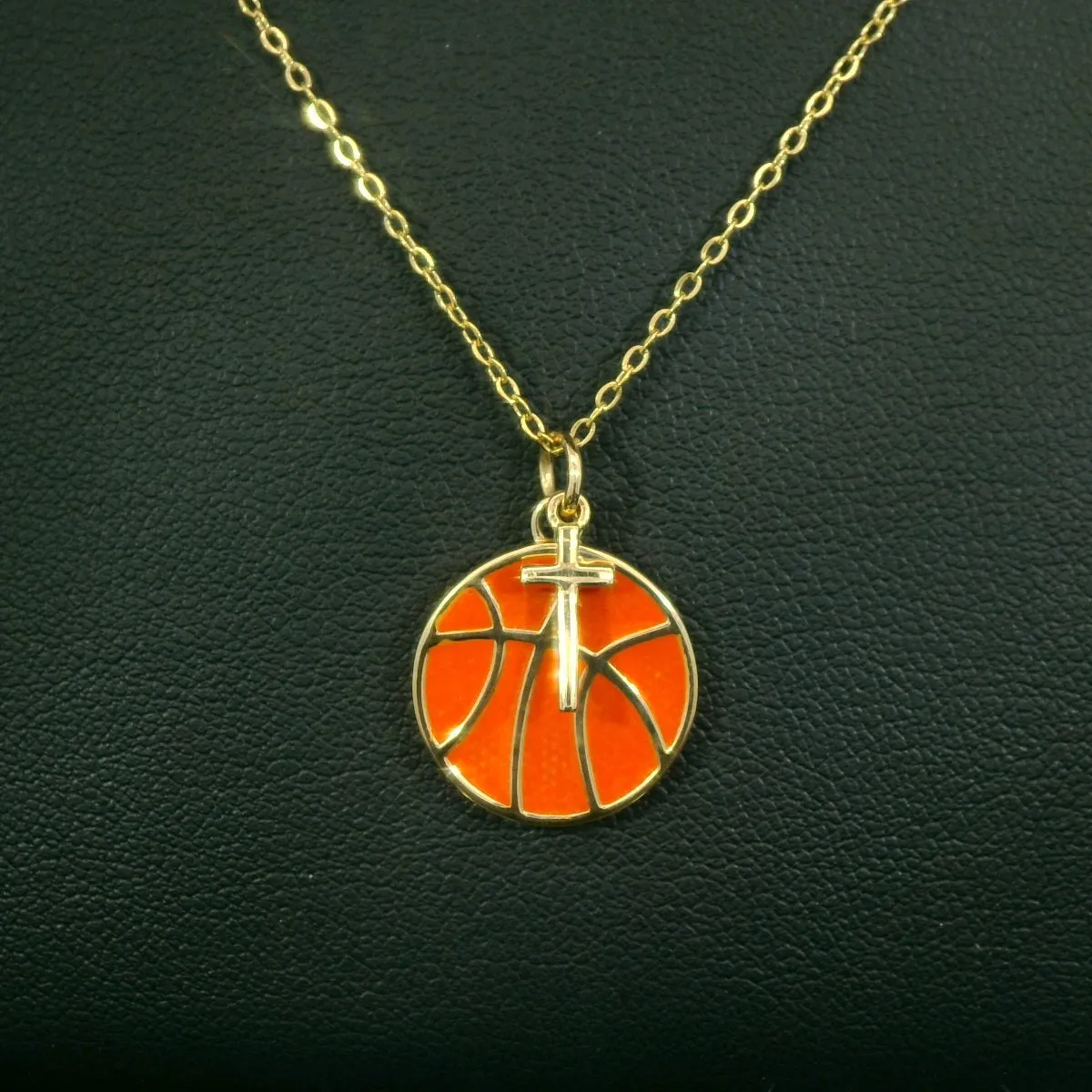 Orange Basketball Necklace w/ Dangle Cross Pendant | Gold | Ready To Ship