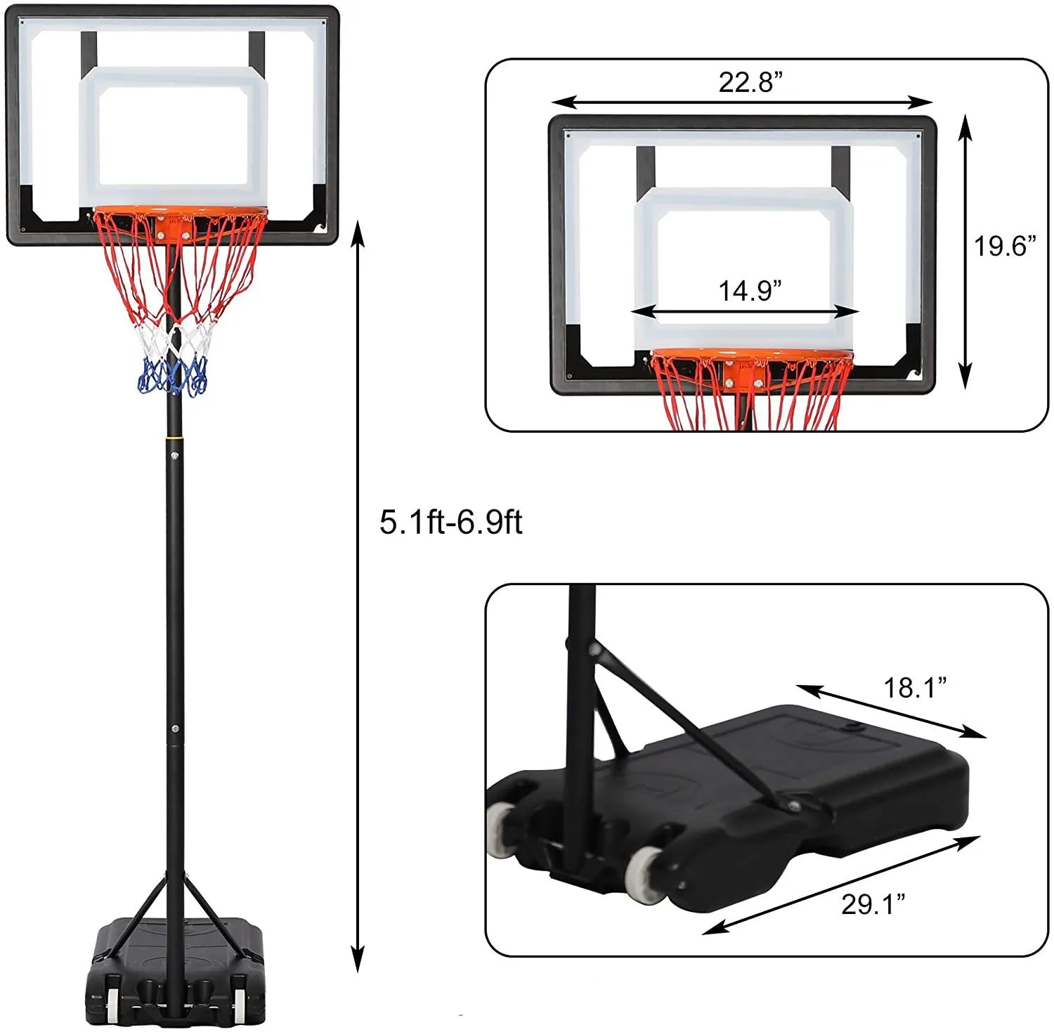 Portable Basketball Hoop Backboard System Stand Outdoor Sports Equipment Height Adjustable 6.5Ft-8.2Ft with Wheels for Kids