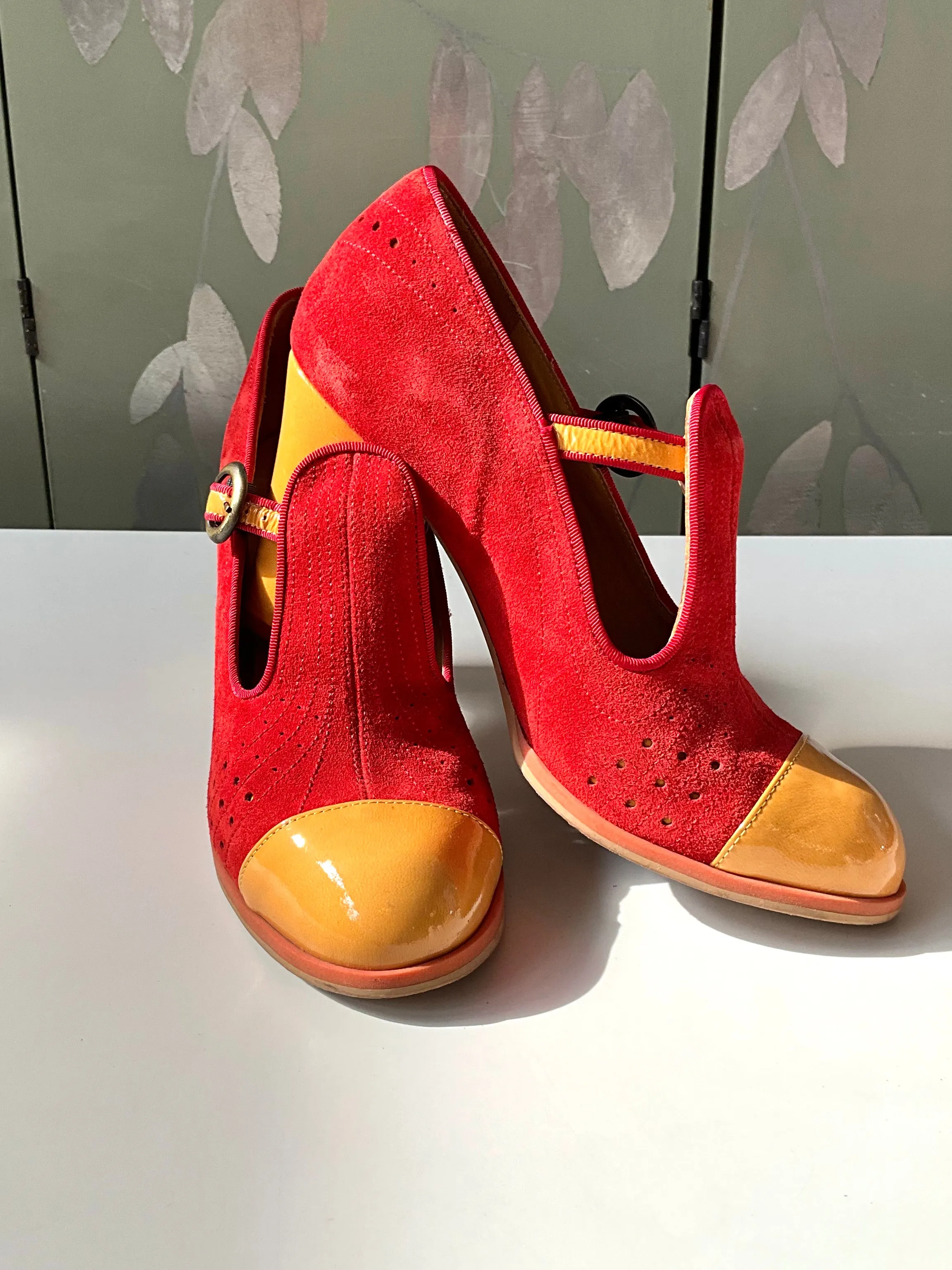 Preloved 2019 John Fluevog Attic TOVA Red Contrast T-Strap Heels, Size 10 US