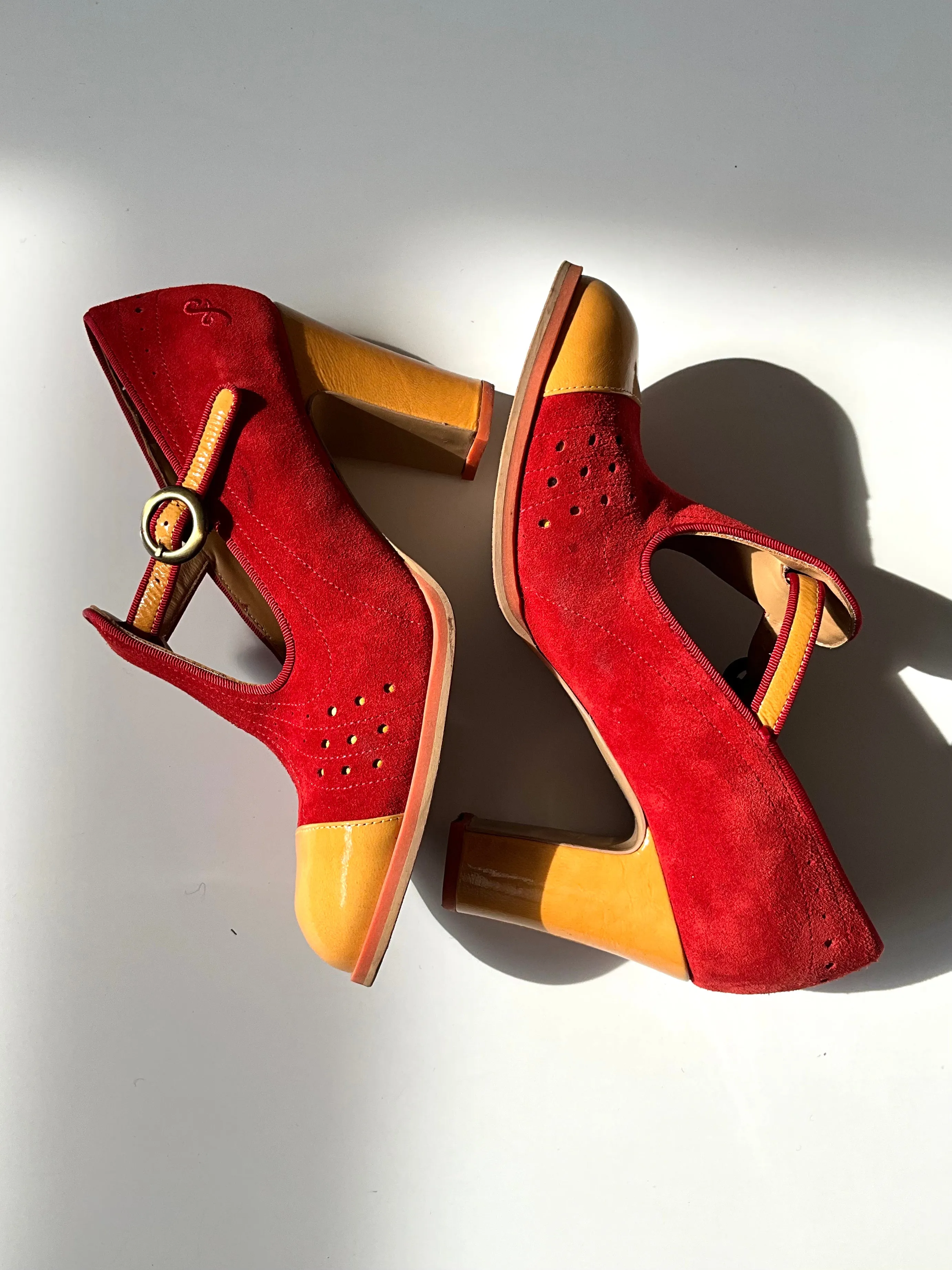 Preloved 2019 John Fluevog Attic TOVA Red Contrast T-Strap Heels, Size 10 US