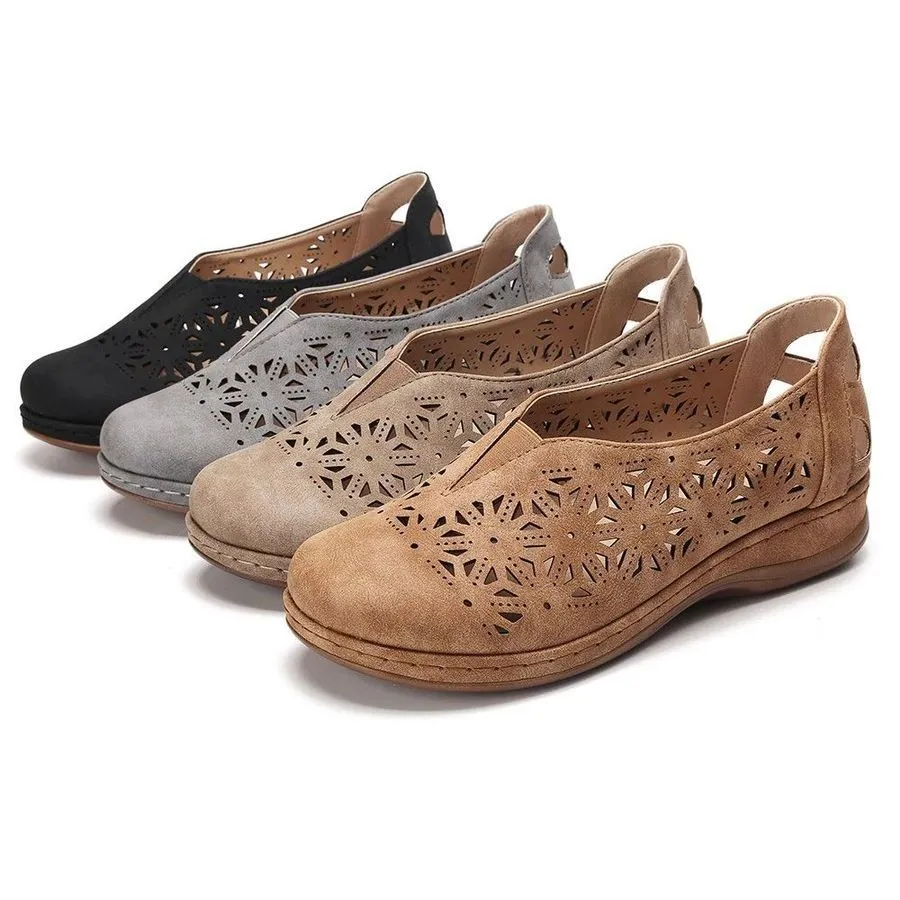 Premium Vintage Faux Leather Women Cushion Stretch Slip On Arch Support Walking Shoes