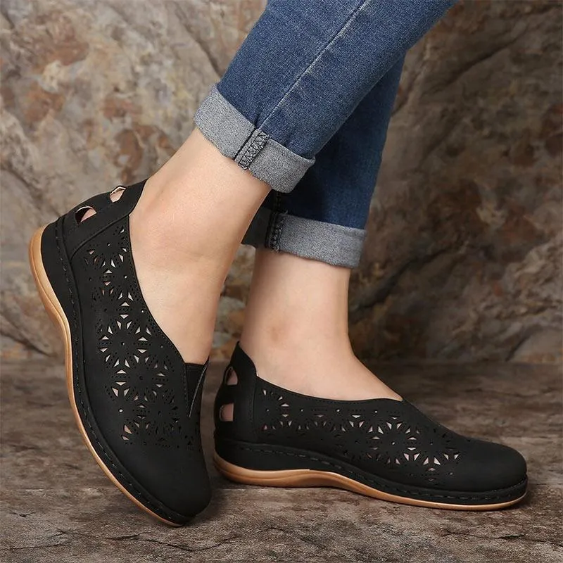 Premium Vintage Faux Leather Women Cushion Stretch Slip On Arch Support Walking Shoes