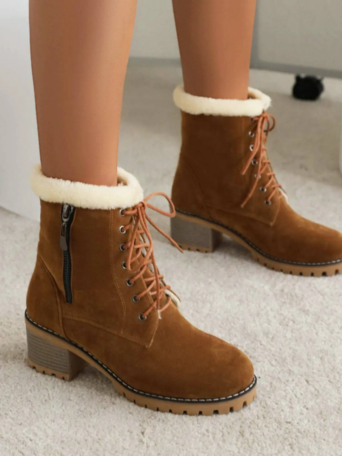 Retro Fleece Solid Color Chunky Heel Boots