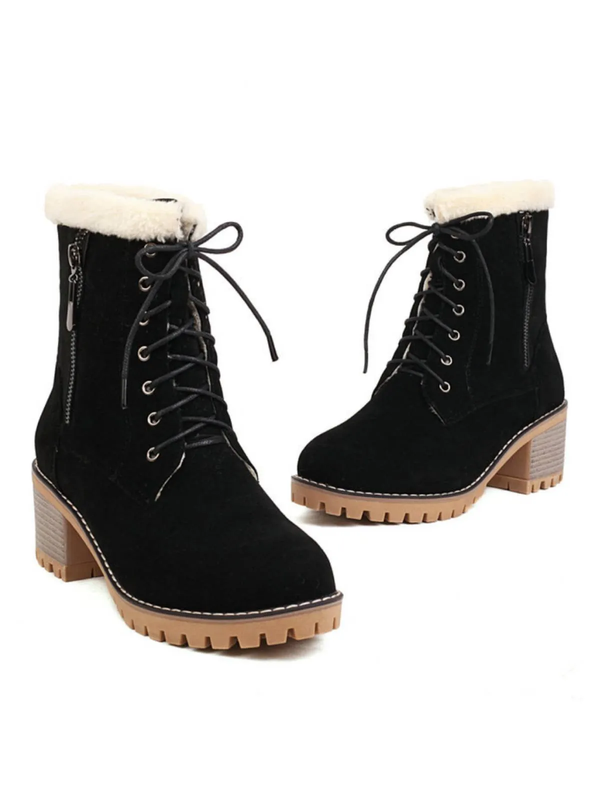 Retro Fleece Solid Color Chunky Heel Boots