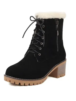 Retro Fleece Solid Color Chunky Heel Boots