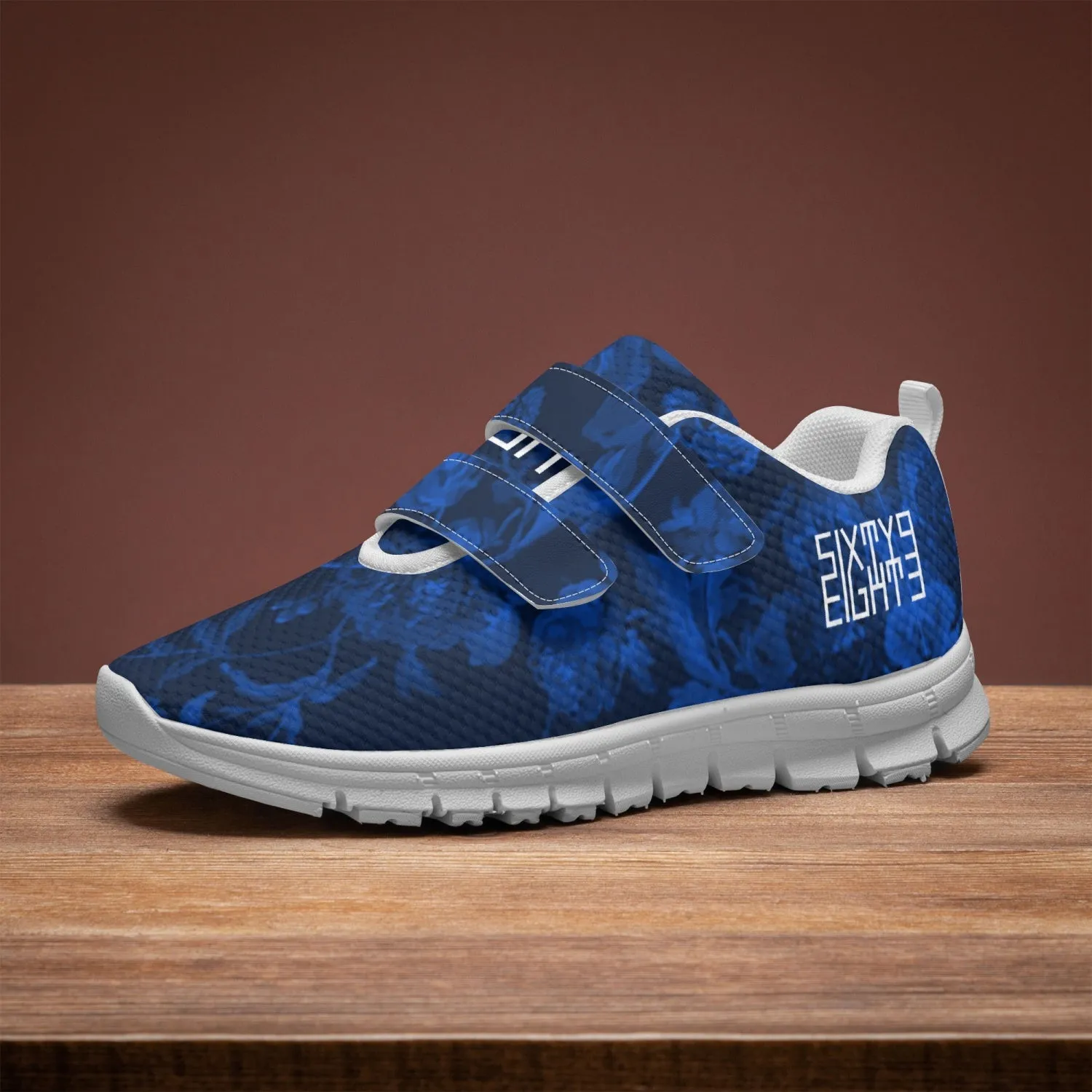 Sixty Eight 93 Logo White Floral Blue & Black Kids Lightweight Velcro Shoe