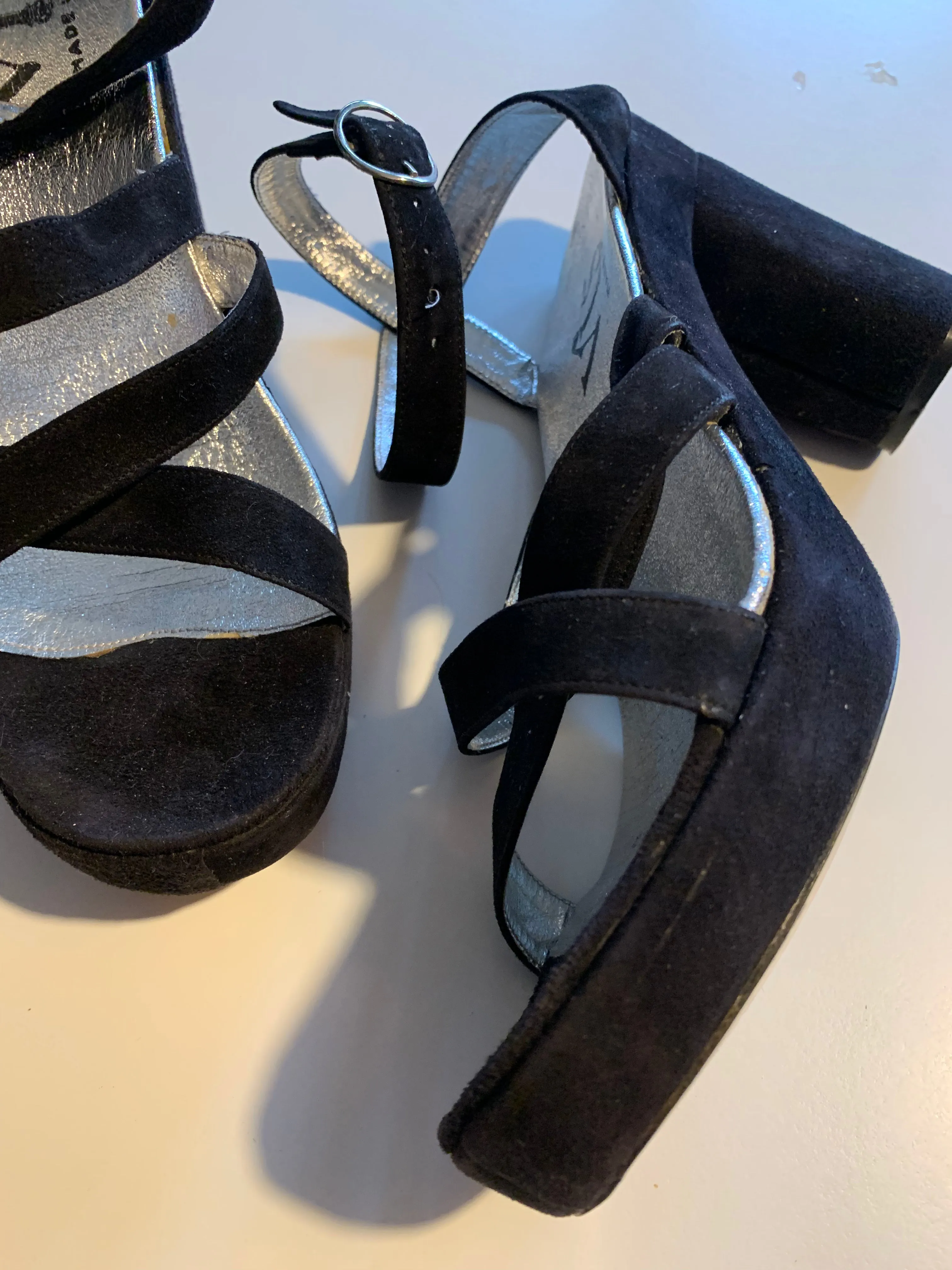 Strappy Black and Metallic Silver Ankle Wrap Suede Platform Shoes circa 1970s 9.5