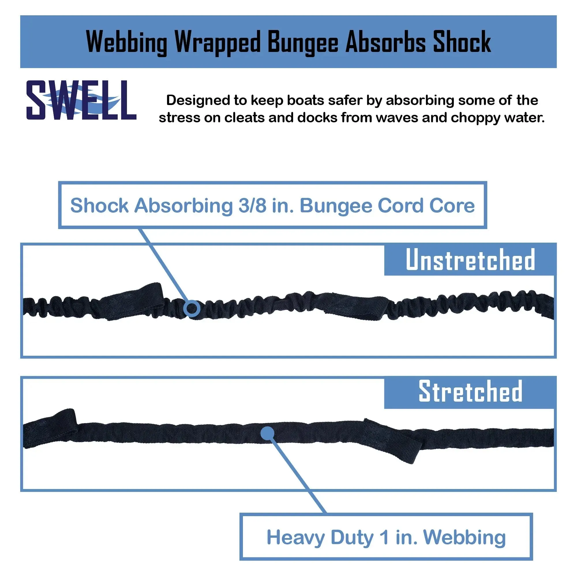 SWELL Wakesurf - Bungee Dock Line 6 ft. - Shock Absorbing, Adjustable Length, Quick Tie Design