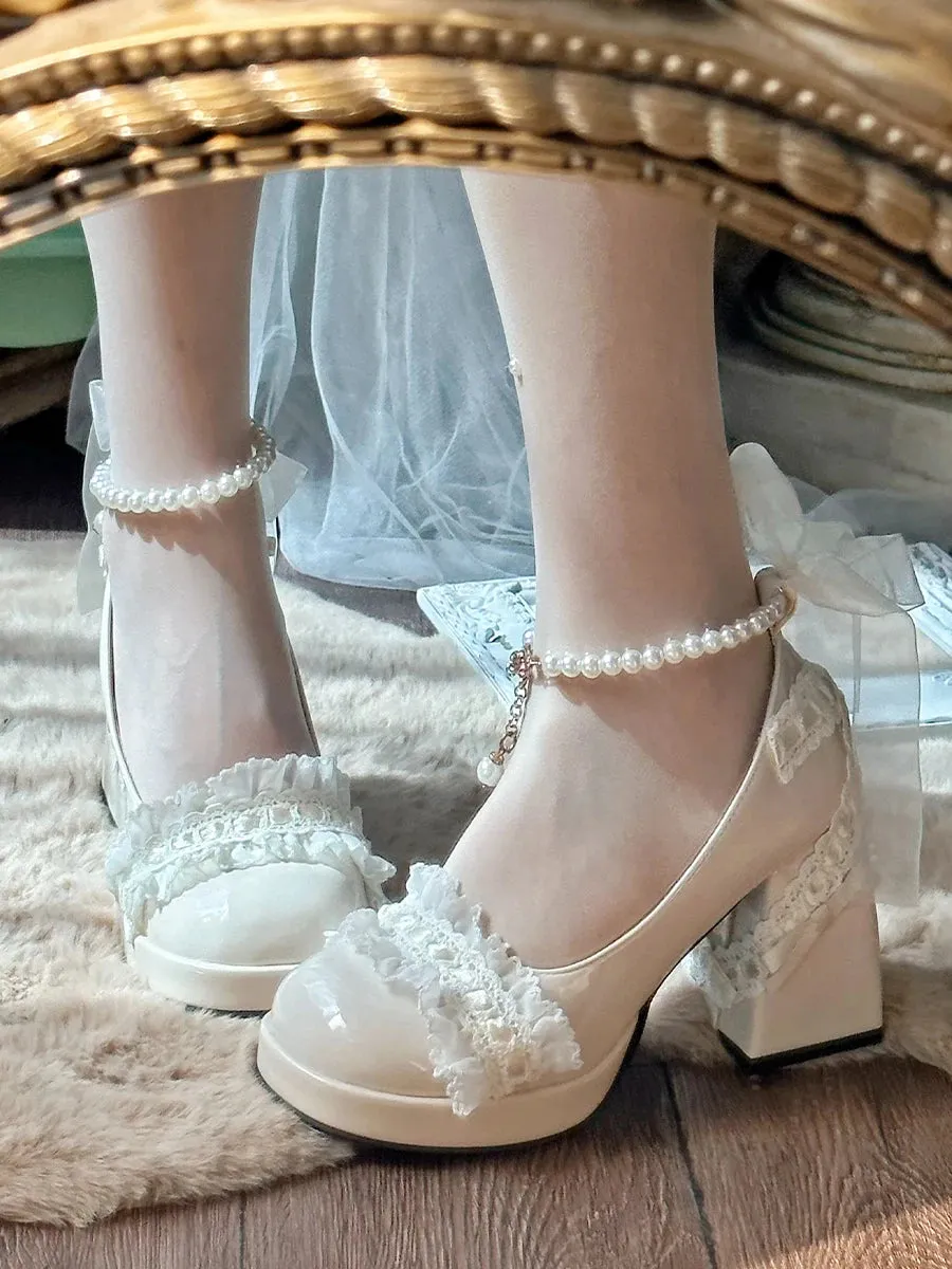 TAVIMART  -  Original French Lace Pearl Lolita Shoes Autumn Fairy Round Head Thick Heels Japanese Girls' Tea Party Single Shoes