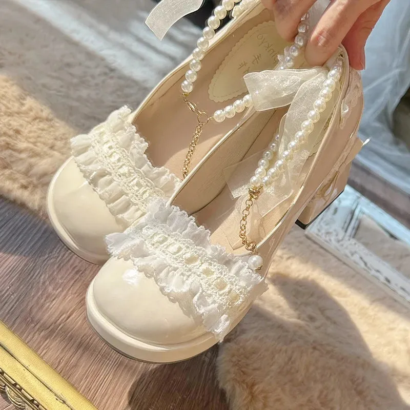 TAVIMART  -  Original French Lace Pearl Lolita Shoes Autumn Fairy Round Head Thick Heels Japanese Girls' Tea Party Single Shoes