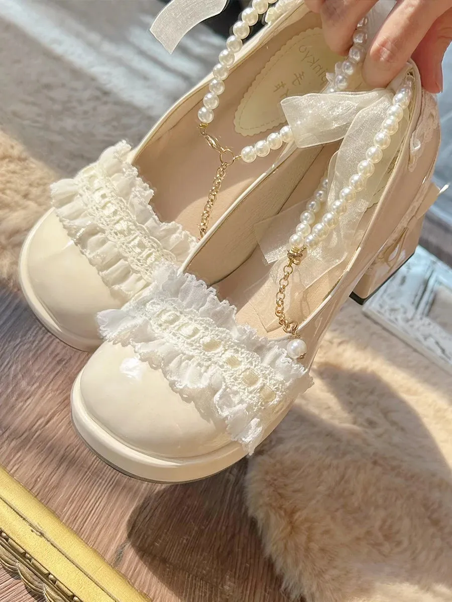 TAVIMART  -  Original French Lace Pearl Lolita Shoes Autumn Fairy Round Head Thick Heels Japanese Girls' Tea Party Single Shoes