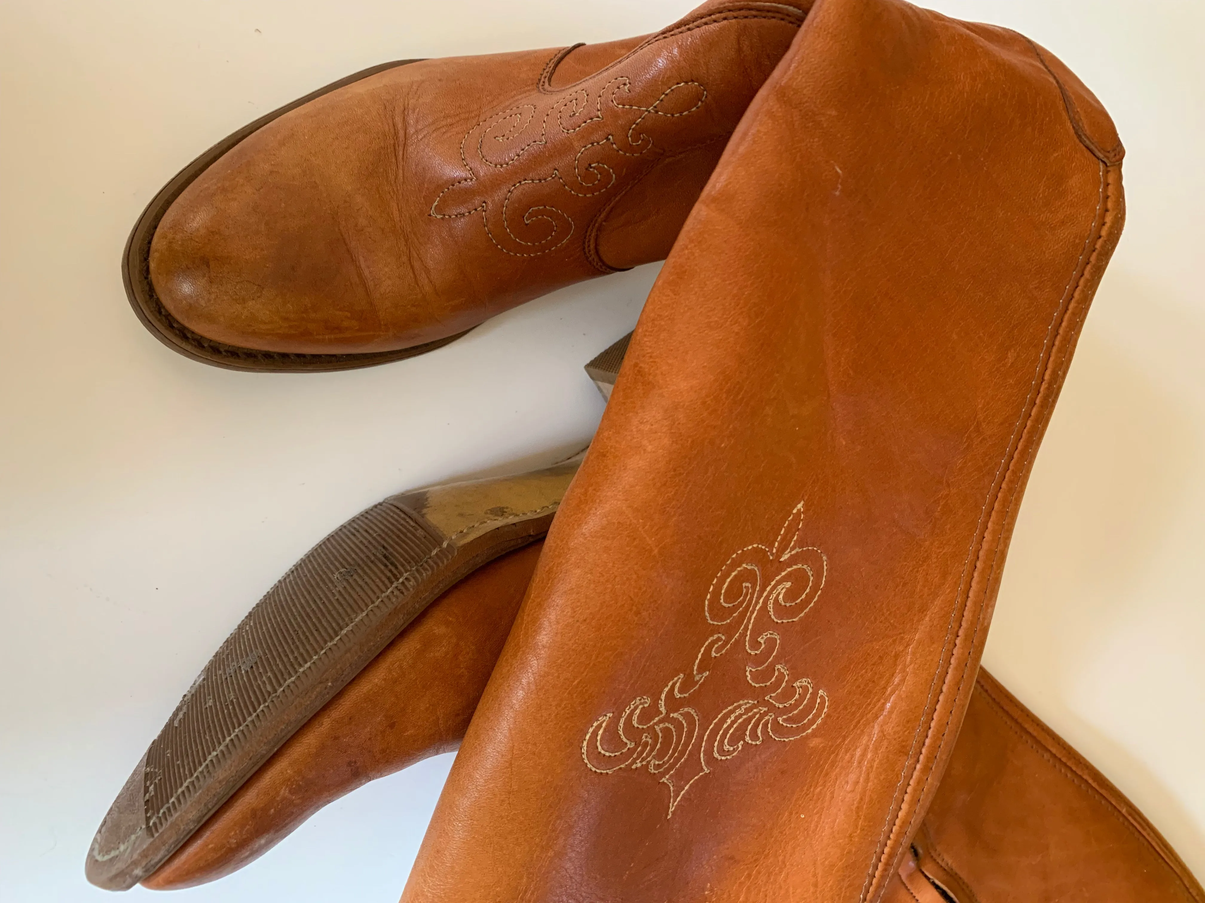 Terra Cotta Western Style Embroidered Leather Boots circa 1970s