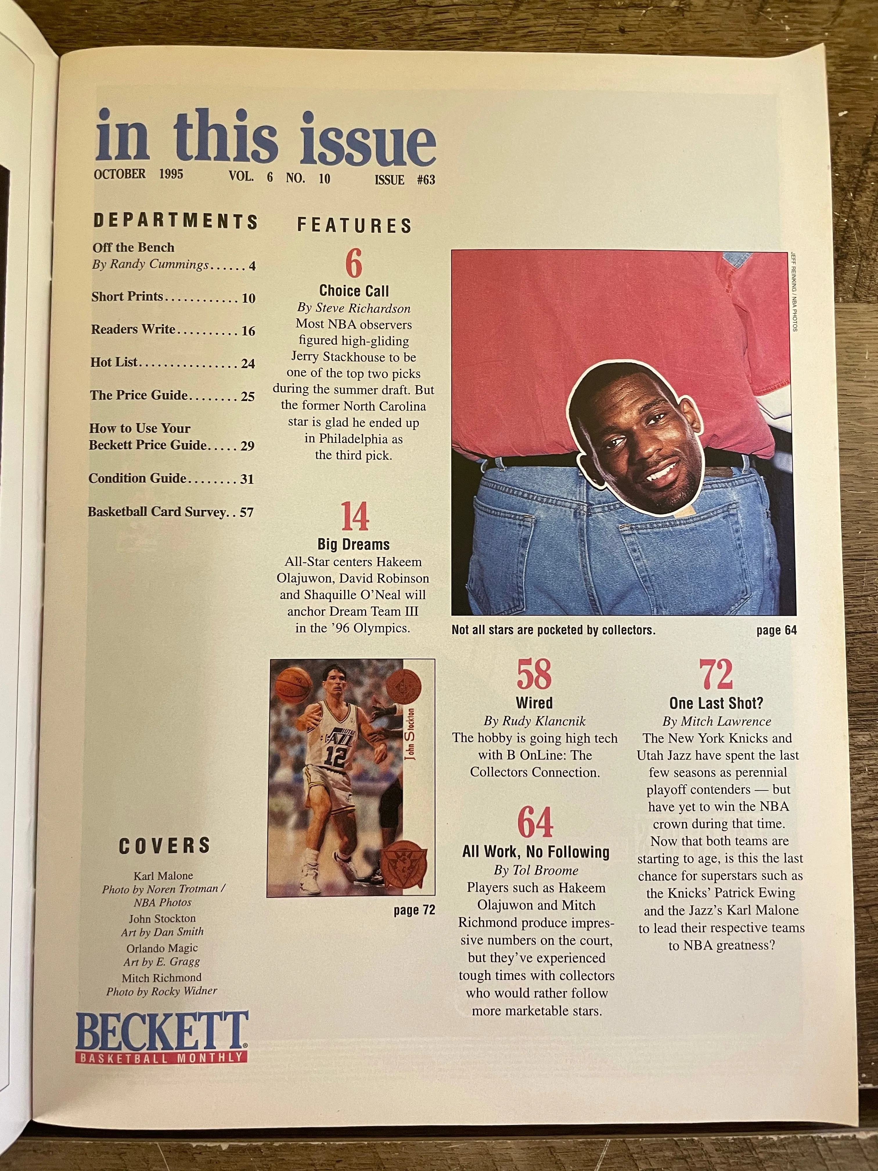 (V) BECKETT BASKETBALL CARD MONTHLY Magazine Vintage October 1995 Issue #63 Karl Malone Utah Jazz