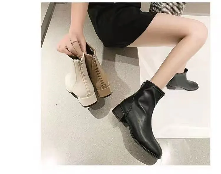 Winter Ankle Boots for Women, Chunky Mid Heel Closed Square Toe Zip Up Fashion Booties