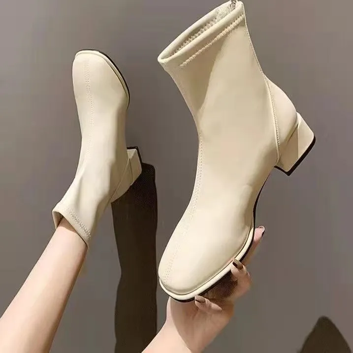 Winter Ankle Boots for Women, Chunky Mid Heel Closed Square Toe Zip Up Fashion Booties