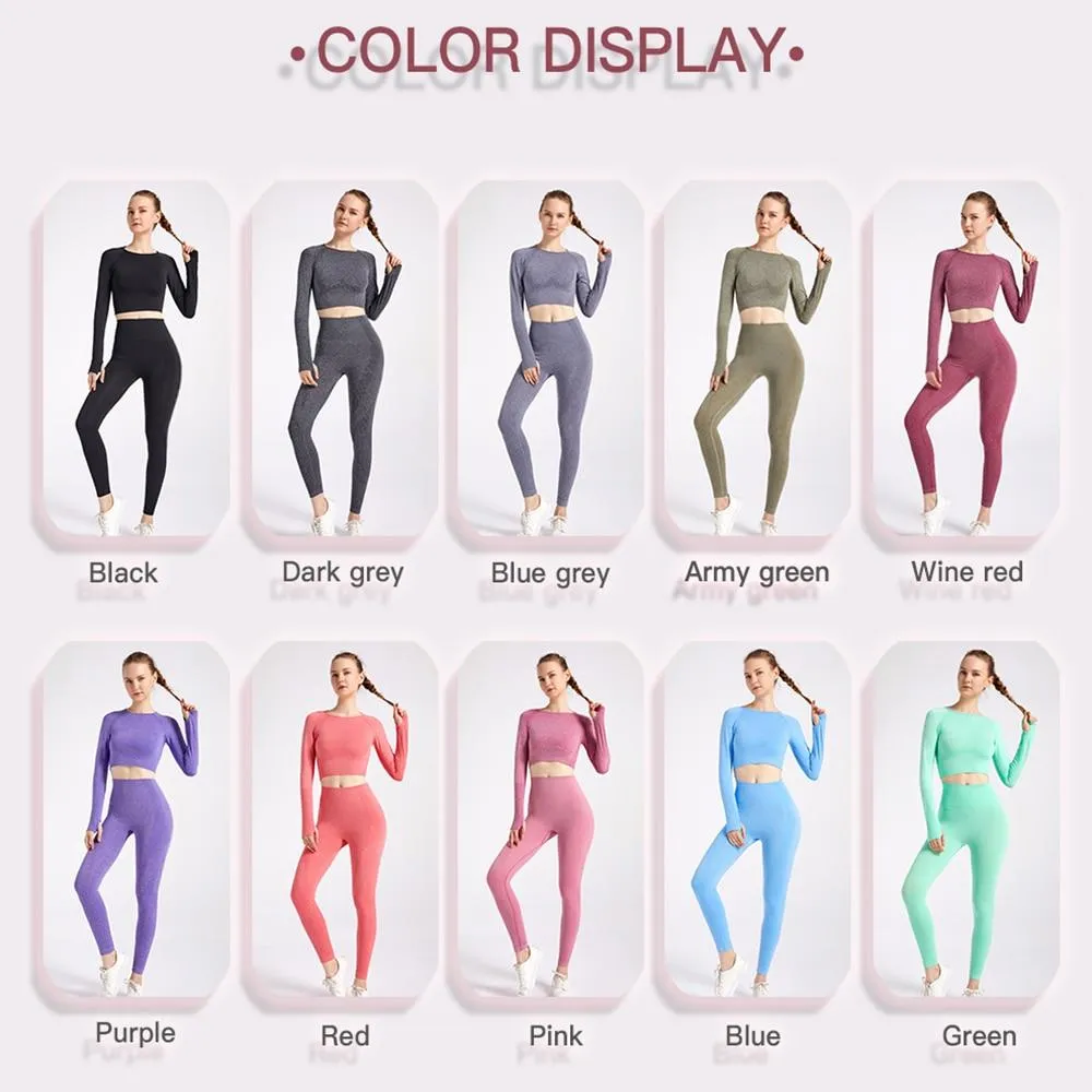 Yoga Set Workout Sportswear Long Sleeve Crop Top High Waist Leggings For Women